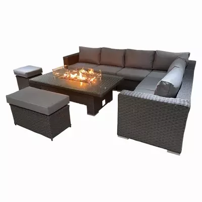 Blaze Grey Rattan Corner Sofa with Fire Pit Rising Table & Footstools